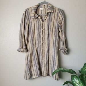 CP Shades Shirt Linen Brown Striped Button Down Business Minimalist Tunic Top XS